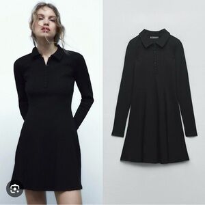 ZARA Black Ribbed Collared Mini Dress ✨ Flattering Fit M
